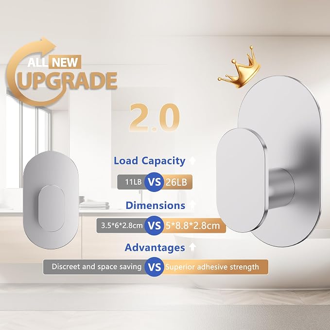 Aikzik Adhesive Towel Hooks - 4 Pack 26LB Heavy Duty Wall Sticky Waterproof Hooks for Hanging Coat, Towel, Robe, Wall Mount for Bathroom or Kitchen (Silver, Stainless Steel)