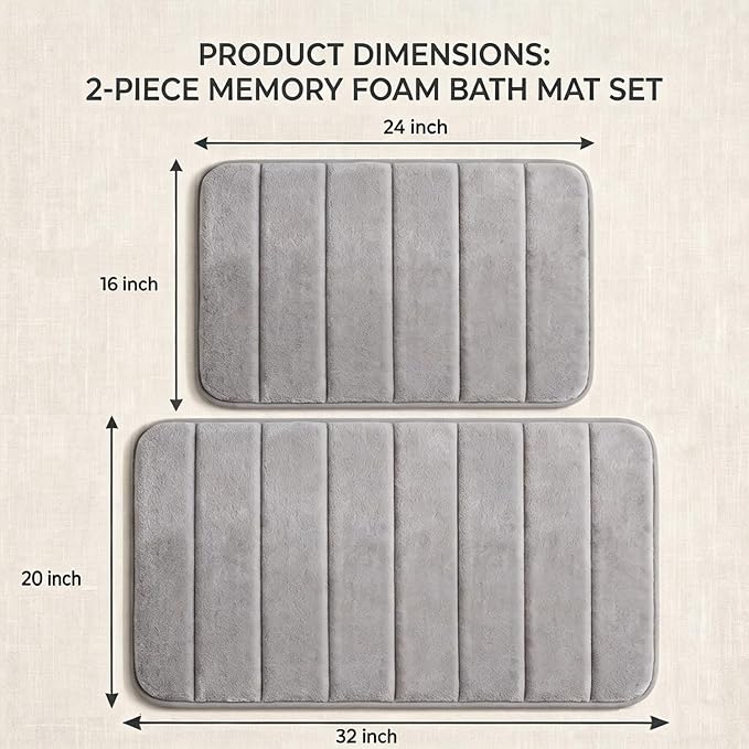 Memory Foam Bathroom Rugs Sets 2 Piece - Super Soft Absorbent Quick Dry Memory Foam Bathroom Rugs, Machine Washable Non Slip Floor Carpet for Tub Shower & Single Sink 32"x20"+24"x16"（Light Grey）