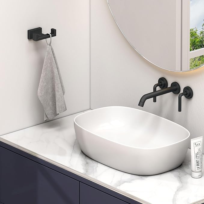 Angle Simple Double Towel Hook Matte Black, SUS304 Stainless Steel Bathroom Towel Holder, Coat Robe Hook Wall Mount