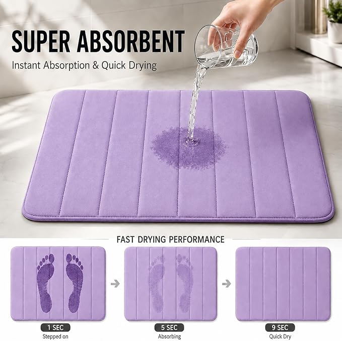 Memory Foam Bath Mat Set 3 Piece，Super Soft Absorbent Bathroom Rug Non Slip, Quick Dry,Machine Wash, Perfect Plush Bathroom Rugs,Home Decor Accessories,Lavender Purple