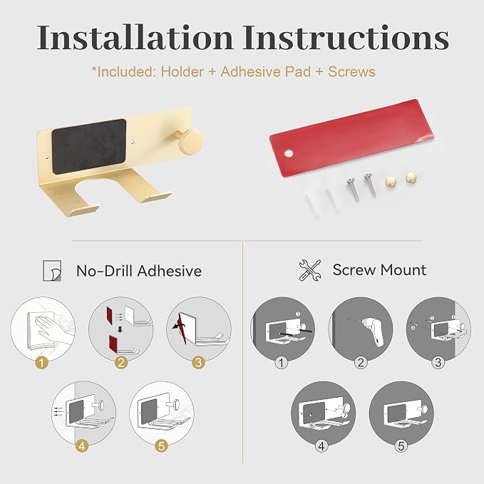 BVL Brushed Gold Hair Dryer Holder Wall Mount, Aluminum Blow Dryer Rack with Anti-Scratch Pad, Adhesive Pad & Screws Included, Renter Friendly Bathroom Organizer
