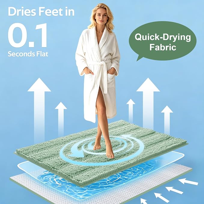Christmas Striped Sage Green Bathroom Rug Mat Set 2 piece 24"x17"+48"x20" Ultra Soft, Non Slip Chenille Bath Rugs, Absorbent Plush Shaggy Bath Mats for Bathroom, Bedroom, Kitchen, Shower, Tub