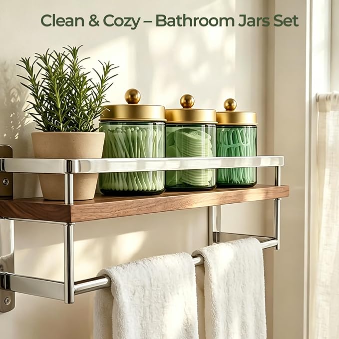 Amolliar 2Pc Glass Qtip Dispenser Holder Bathroom Vanity Storage Organizer Set -Countertop Canister with Metal Lids &Stickers Apothecary Jars for Cotton Swab, Floss Picks(Green-golden Lid)