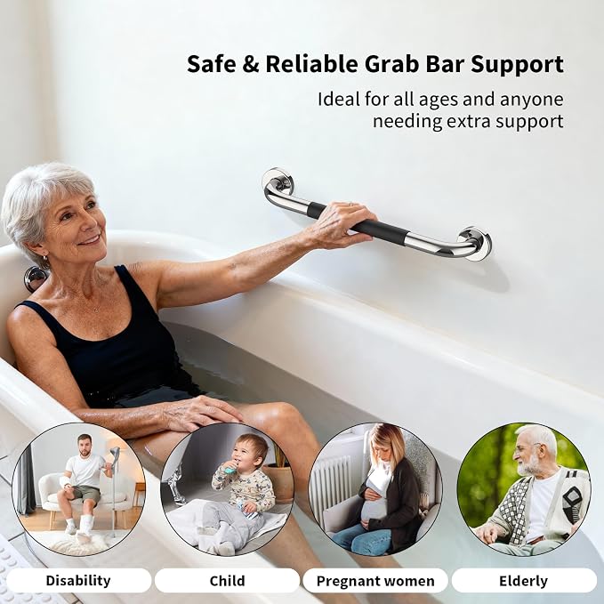 Chrome Bathroom Grab Bar 16 inch, iMomwee Stainless Steel Anti-Slip Shower Handrail for Elderly, Wall Mounted Safety Handicap Bars, Balanced Support Handle Bar for Senior