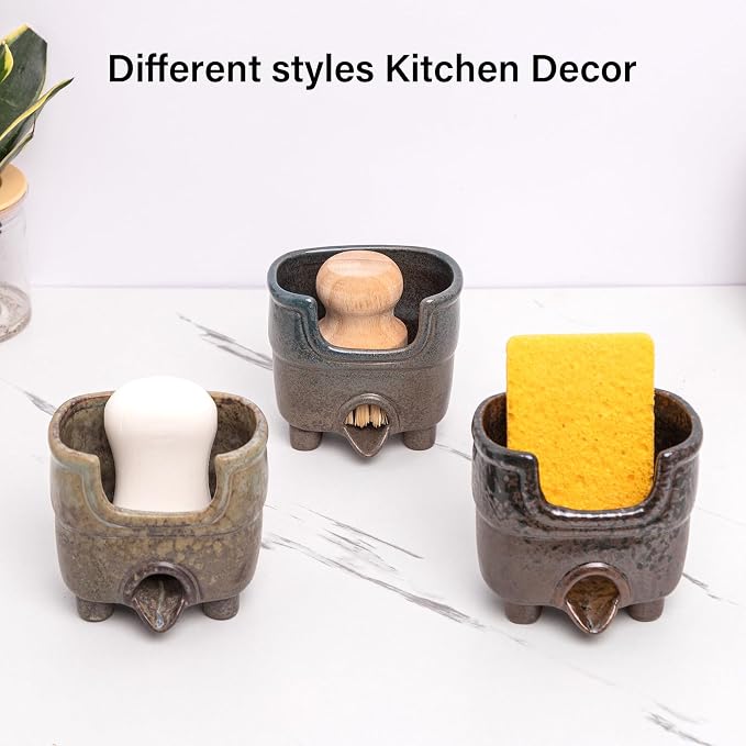 Ceramic Sponge Holder with Drainage, Vintage Sink Caddy | Self-Draining Organizer for Sponge, Soap & Brush, Handmade Kitchen Countertop Decor (Rust Reactive Glaze)