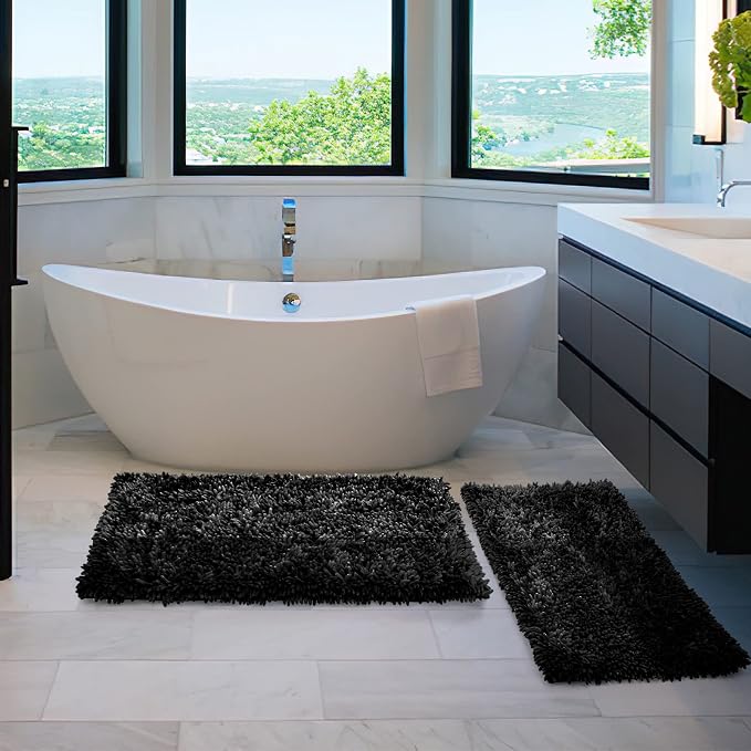 Yimobra Bathroom Rug Set 2 Piece, Luxury Shaggy Bath Mat Set with Non Slip Backing, Ultra Soft & Absorbent Mats for Bathroom Floor, Machine Washable, 44"x24"+24"x17", Black