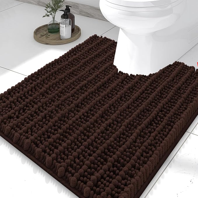Smiry Bathroom Toilet Rugs U Shaped 24X20, Chenille Bath mats for Toilet | Brown Extra Soft Absorbent Non Slip Rubber Backing Contour Bath Rugs for Toilet, Machine Washable Contoured Bath Mats