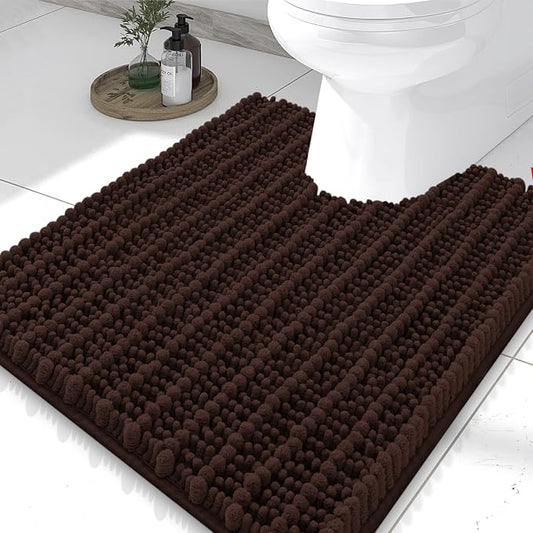 Smiry Bathroom Toilet Rugs U Shaped 24X20, Chenille Bath mats for Toilet | Brown Extra Soft Absorbent Non Slip Rubber Backing Contour Bath Rugs for Toilet, Machine Washable Contoured Bath Mats