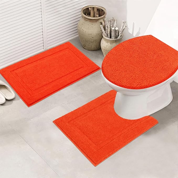 SHACOS Microfiber Bathroom Rugs Sets 3 Piece, Extra Soft Absorbent | Non Slip Bath Rugs Machine Washable Dry Shaggy Bath Mats with Toilet Lid Cover for Bathroom Floor, Tub and Shower (Orange)