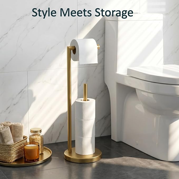 FORIOUS Toilet Paper Holder Stand with Storage for 4 Rolls, Brushed Gold | Modern Freestanding SUS 304 Stainless Steel Bathroom Tissue Roll Organizer with Heavy Anti-Slip Weighted Base