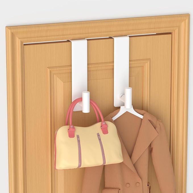 PMMASTO 2-Pack Over The Door Hooks - Rustproof Stainless Steel Door Hangers for 1-3/4 Inch Doors, Non-Marking and Tool-Free Easy Install (White, T Shape)