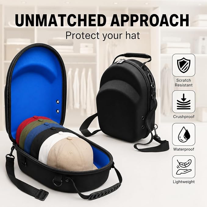 Hard Hat Travel Case for Baseball Caps 1 Piece Black With Blue - Hat Protector with Handle, Adjustable Shoulder Strap & Luggage Strap, Stores 6 Hats for Travel, Home, Gifts