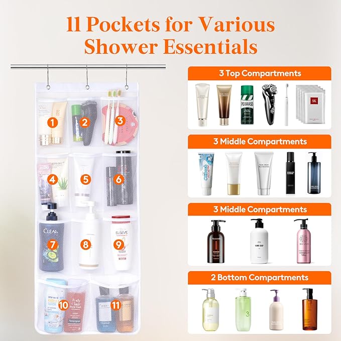 Lifewit Mesh Shower Caddy, 11 Pockets Hanging Bathroom Organizer, 2 Pack | 17" x 34", Attached 6 Hooks, Quick-Dry, Portable, Cruise Essentials, Idea for Toiletry, RVing, Travel, Camping