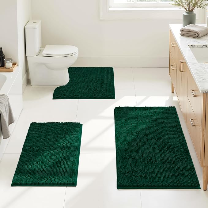 HOMEIDEAS Dark Green Chenille Bathroom Rugs Set of 3, Non Slip Bath Mat | Super Absorbent, Soft Microfiber, Machine Washable, Stain Resistant, for Bathroom Decor