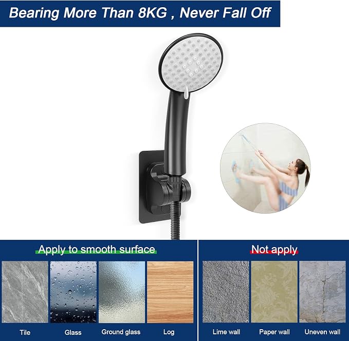 NearMoon Self Adhesive Shower Head Holder-Adjustable Handheld Shower Holder NO Drilling Wall Mount Waterproof (1 Pack, Matte Black)