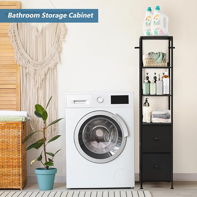 Tall Bathroom Storage Cabinet, 55.9'' Slim Bathroom Floor Cabinet with Fabric Drawers for Small Spaces, Narrow Storage Cabinet Shelves Bathroom Organizer Towel Rack for Living Room, Kitchen, Black