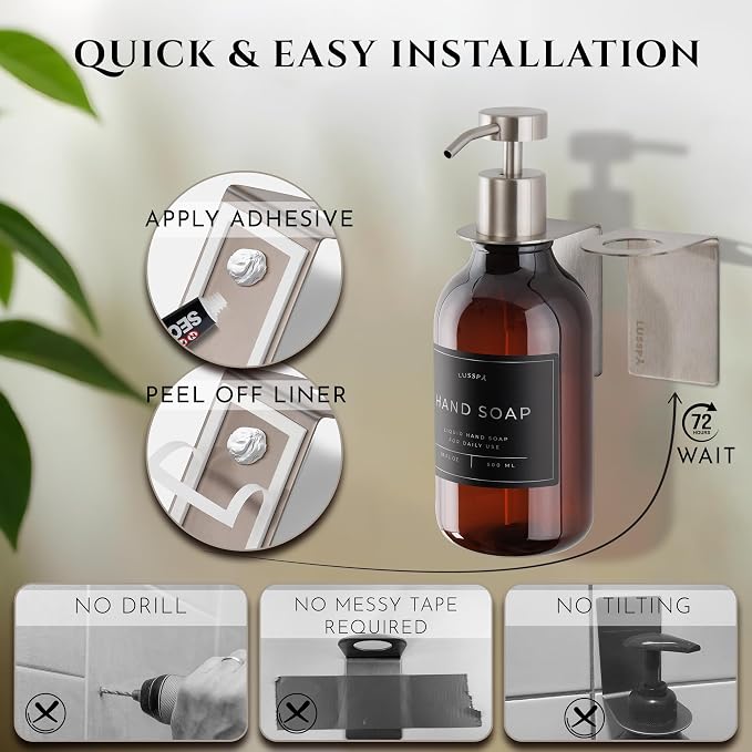 Shower Shampoo Dispenser Wall Mounted – Refillable 16.9 oz Amber Bottle with Stainless Steel Pump & No-Drill Adhesive Holder – Soap Dispenser for Bathroom (1 X Amber/Silver)