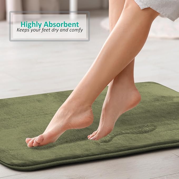 Clara Clark 2 Piece Bathroom Rugs Bath Mat Set, Velvet Memory Foam Bath Mats for Bathroom - Non-Slip, PVC Backing Bath Rugs, Washable - Dries Quickly, Green