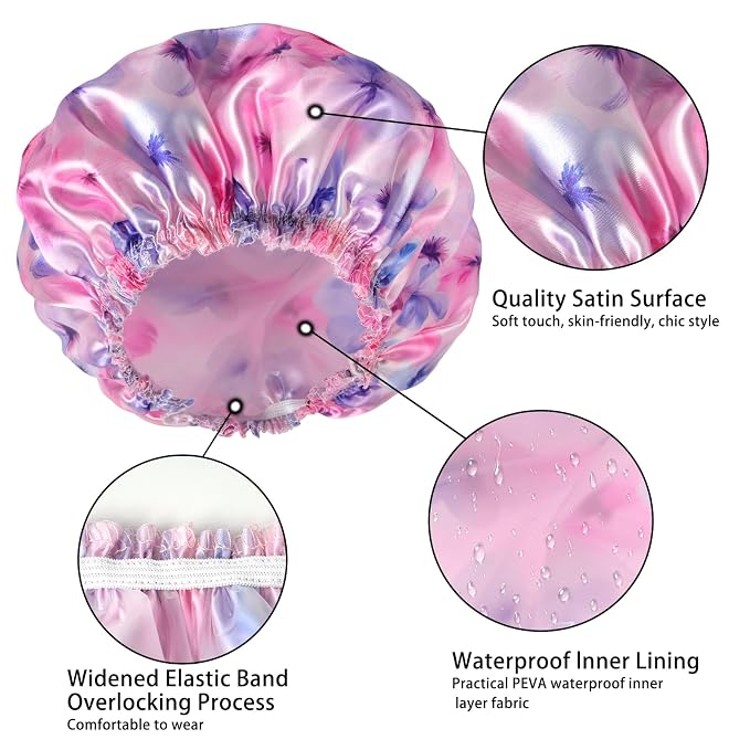 Shower Caps for Women, 4 PCS Reusable Waterproof Bath Cap | Double Layer, Washable, Wide Elastic Band, Holds Long Hair, Caps for Bath Accessories, Spa, Travel Home - Flower C