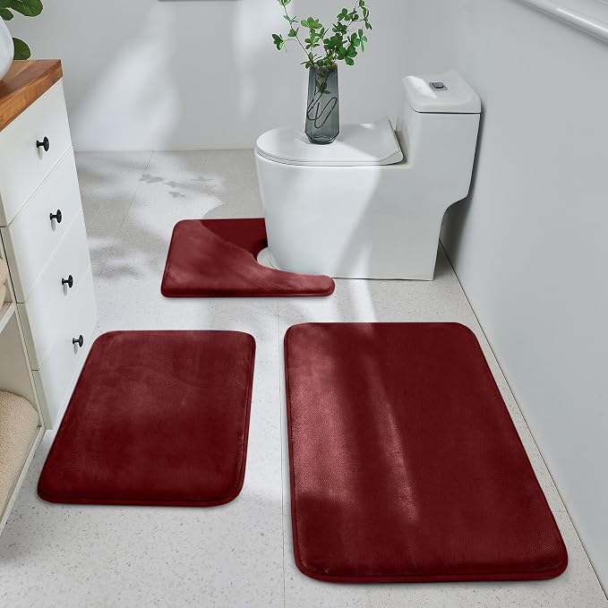 HUXMEYSON 3-Piece Memory Foam Bathroom Rug Set, Red | Quick Dry Velvet Surface, Non-Slip & PVC Backing, Ultra Soft Bath Rugs for Bathroom, 17"x24"+20"x32"+U Shape 20"x24"