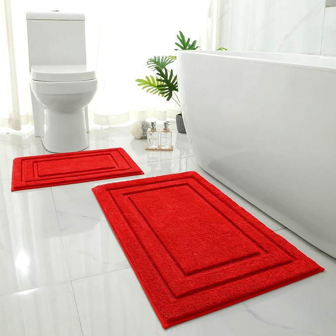 HOMEIDEAS Bathroom Rugs Sets 2 Piece, Super Soft Non Slip Bath Mat Red | Ultra Absorbent, Microfiber Machine Washable Bath Rug Set, for Bathroom, Tub, Shower 20" x 32" + 16" x 24"