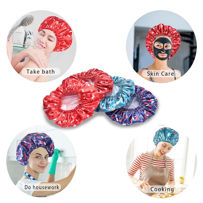Shower Caps for Women, 4 PCS Reusable Waterproof Bath Cap | Double Layer, Washable, Wide Elastic Band, Holds Long Hair, Caps for Bath Accessories, Spa, Travel Home - Chrismas Pattern