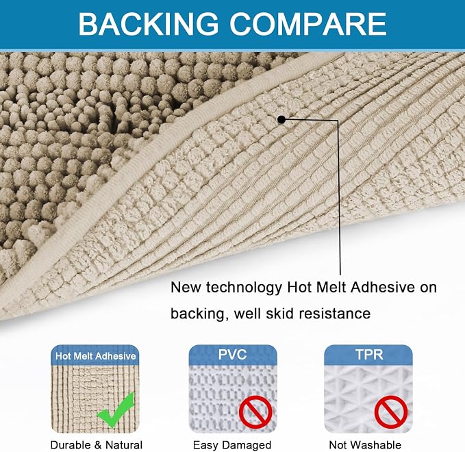 H.VERSAILTEX Bath Rugs for Bathroom Non Slip Bath Mats Thick Chenille Striped Bath Rug Runners 47" x 17" Absorbent Fluffy Soft Shaggy Mats Dry Fast Plush Area Carpet for Bath Room - Fog