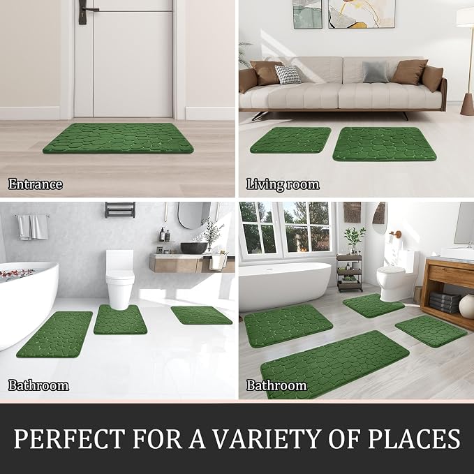 YIHOUSE Bathroom Rugs Mat Set, Memory Foam Bath Mat 5 Piece Green | Non Slip, Water Absorbent, Washable, Bath Mat For Bathroom, Sink and Toilet