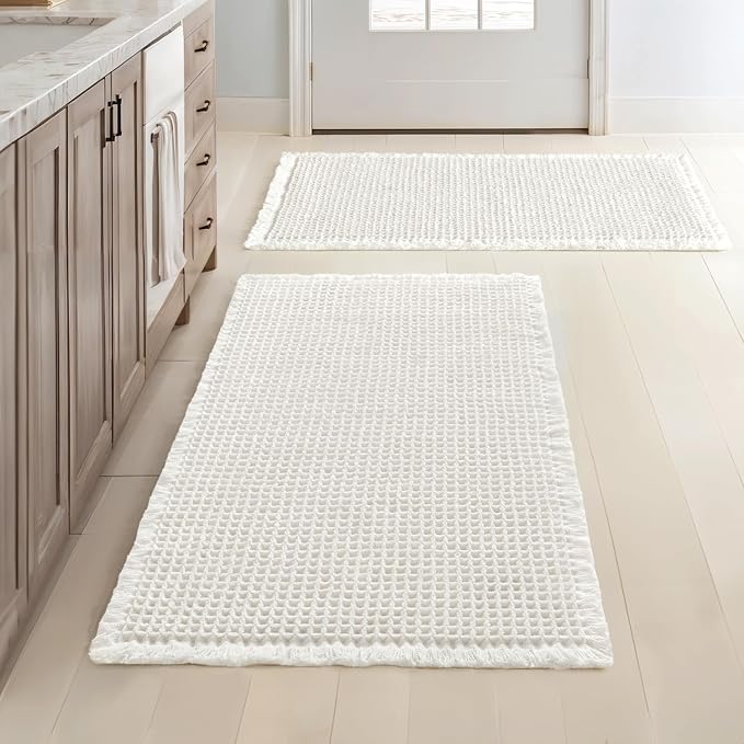 MIULEE Set of 2 Waffle Bathroom Rugs Boho Bath Mat White 18x30 Inch | Non Slip, Super Absorbent, Washable, Ultra Soft, Rubber Backed Bath Rugs for Bathroom Floor Tub Shower