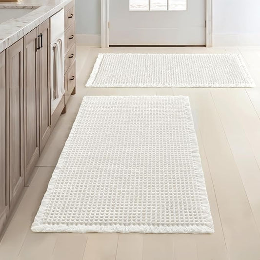 MIULEE Set of 2 Waffle Bathroom Rugs Boho Bath Mat White 18x30 Inch | Non Slip, Super Absorbent, Washable, Ultra Soft, Rubber Backed Bath Rugs for Bathroom Floor Tub Shower