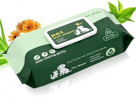 Pet Wipes for Paws and Butt 50 PCS Unscented Hypoallergenic | Gentle Earth-Friendly Dog Wipes for Puppies Kittens & Senior Pets Deodorizing Waterless Bathing Wipes for Paws Butt and Ears
