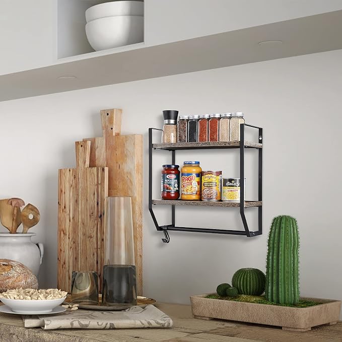 OYEAL Bathroom Shelf with Towel Bar Wall Mounted Towel Rack Rustic Towel Shelf for Bathroom with 5 Hooks, 2 Tier Shelf Storage Organizer for Living Room, Kitchen, Bedroom, Rustic Brown