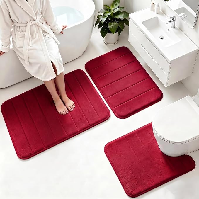 Memory Foam Bath Mat Set 3 Piece，Super Soft Absorbent Bathroom Rug Non Slip, Quick Dry,Machine Wash, Perfect Plush Bathroom Rugs,Home Decor Accessories,Burgundy