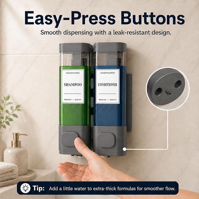 Shampoo and Conditioner Dispenser – Wall-Mounted Shower Soap Dispenser, No-Drill Installation, Lockable, 900 ml Capacity,for Bathroom & Hotel or Airbnb (Gun Gray, 2-Pack)