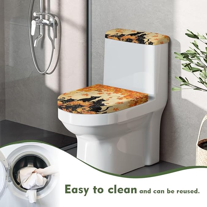Black Cat Toilet Lid Covers for Bathroom Set, Pumpkin Toilet Seat Lid Cover Maple Leaf Pattern, Lightweight Bathroom Autumn Decor