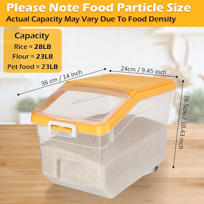 4 Pcs Rice Storage Container 28 lb Airtight Flour Container with Wheels Measuring Cup Clear Pet Dog Birds Cat Food Bin Grain Cereal Organizer Box for Dry Baking Supplies(Yellow Lid)