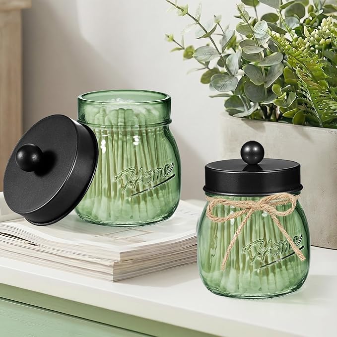 SheeChung Green Glass Mason Jar Qtip Holder Dispenser with Black Metal Lid | Apothecary Jar Canisters Set,Stainless Steel Lid,Small Bathroom Jars,Vanity Storage Organizer for Cotton Swabs,Ball,Pad,Floss