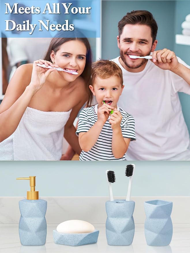 Bathroom Accessories Set - 4-Piece Ceramic Bathroom Set | Soap Dispenser, Toothbrush Holder, Tumbler, Soap Dish, Modern Blue Home Decor, Gift Idea for Housewarming