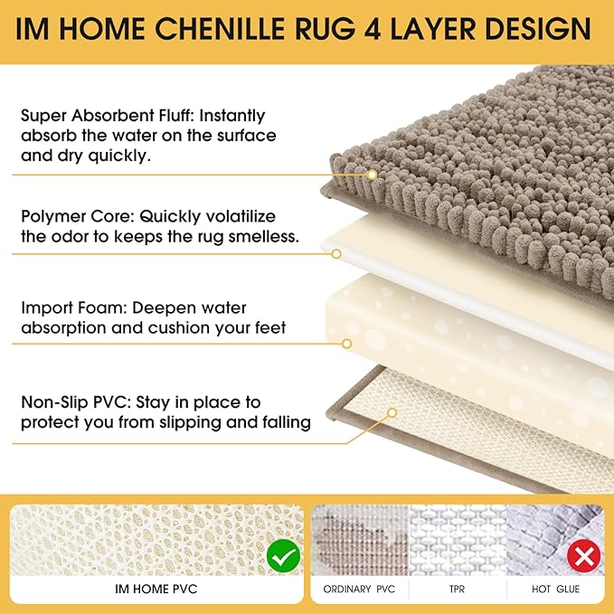 ACCUMTEK Upgrade Luxury Dark Beige Bathroom Rug Mat 36"x24", Ultra Soft Thick Absorbent Bath Mats, Non Slip Chenille Toilet Mat for Bathroom, Bedroom, Kitchen, Shower, Tub, Taupe
