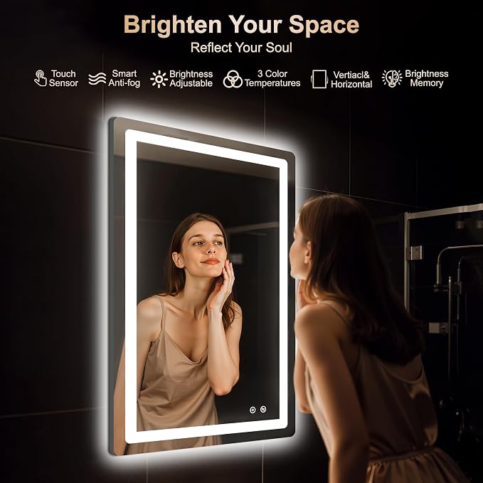 Delma 36x24 LED Bathroom Vanity Mirror with Lights, Anti-Fog, Dimmable | Front & Backlit with 3 Color Modes and Memory, 5mm Shatterproof Glass, Plug-in or Hardwired, Horizontal or Vertical