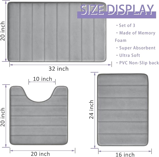 Bathroom Mats Memory Foam Bath Rug Set 3 Piece Non-Slip Bath Mats, Absorbent Shaggy Rugs, Machine Wash, Perfect Plush Bathroom Rugs, BathCarpets Set,Bath Mats for Bathroo Home Decor Accessories