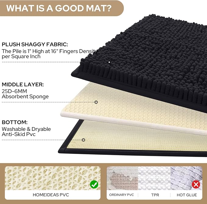 HOMEIDEAS Black Long Chenille Bathroom Rugs Set of 3, Non Slip Bath Mat | Super Absorbent, Soft Microfiber, Machine Washable, Stain Resistant, for Bathroom Decor