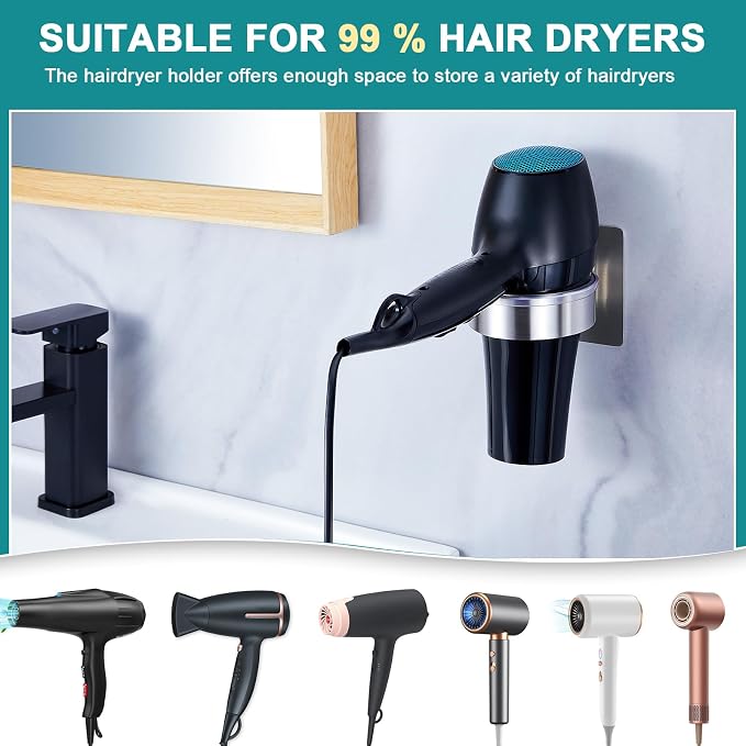 Hair Dryer Holder Wall Mount, Blow Dryer Holder Wall, Adhesive Hair Dryer Hanger, Blow Dryer Organizer, Hair Tools Organizer for Bathroom Salon Barber Shop Hotel (Silver)