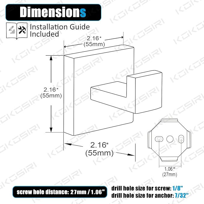 KOKOSIRI Bath Towel Hook Wall Mounted Square Robe Hook Coat Hook Bathroom Kitchen Garage Heavy Duty SUS 304 Stainless Steel 3 Pack Matte Black B1010BK-P3
