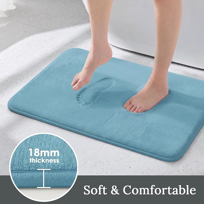 HUXMEYSON 3-Piece Memory Foam Bathroom Rug Set, Lake Blue | Quick Dry Velvet Surface, Non-Slip & PVC Backing, Ultra Soft Bath Rugs for Bathroom, 17"x24"+20"x32"+U Shape 20"x24"