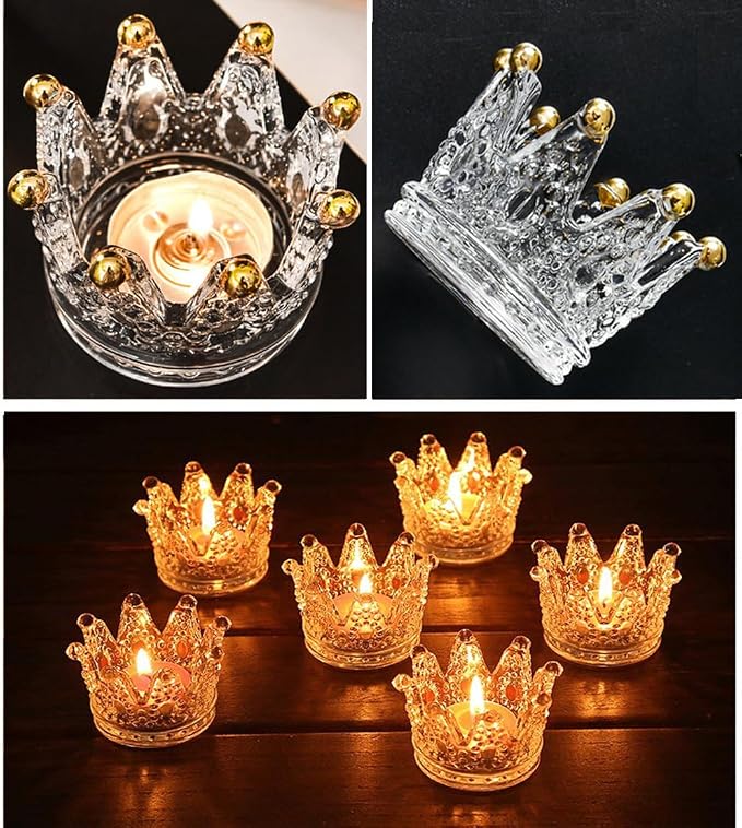 Vixdonos Votive Candle Holders Set of 6 Crown Glass Tealight Candle Holder for Wedding, Party and Home Decor (Gold Tips)