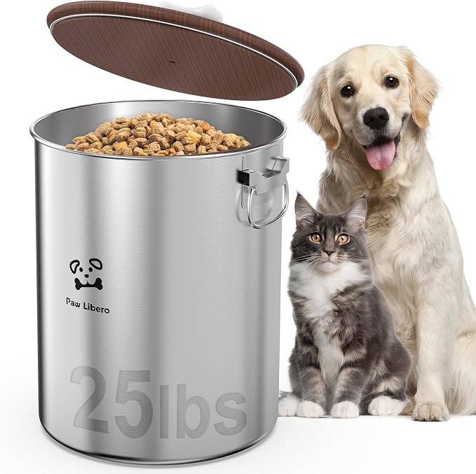 Paw Libero 25 Lbs Stainless Steel Dog Food Storage Container with Airtight Wooden Lid & Ceramic Bone Handle, Large Metal Dog Food Bin for Dogs & Cats, Keep Fresh, Easy to Clean