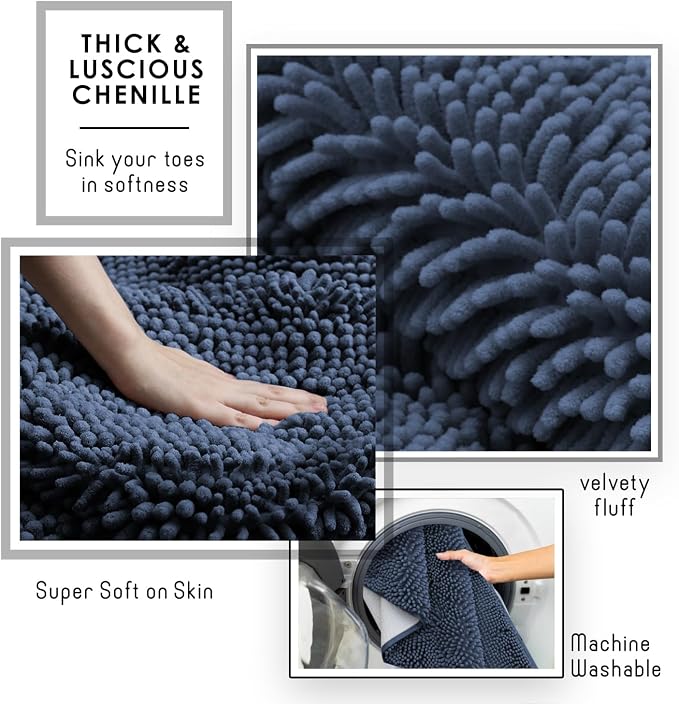 Hearth & Harbor Bathroom Rugs, Chenille Bath Mat - Machine Washable Bath Mats for Bathroom Non-Slip Backing Rubber, Quick Dry Bathroom Mat - Navy Blue 17x24-20x24
