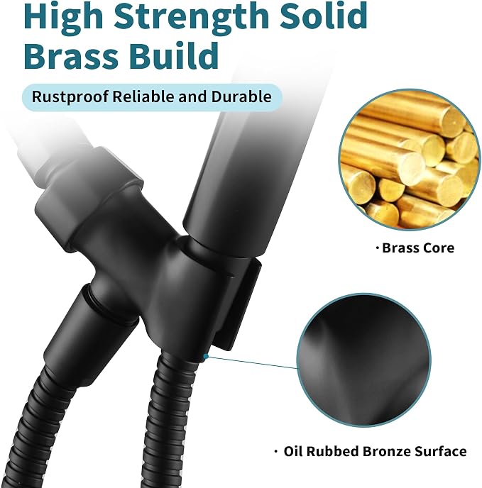 BRIGHT SHOWERS All Metal Handheld Shower Head Holder, Adjustable Shower Arm Mount with 360 Degree Rotatable Brass Ball Joint and Hose Connector, Universal Wall Hook Bracket, Matte Black
