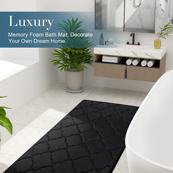 OLANLY Memory Foam Bath Mat Rug 47x20, Soft and Absorbent Bathroom Rugs, Non-Slip, Comfortable, Machine Washable Bath Carpet for Bathroom Floor, Tub, Shower and Home Decor Accessories, Black | Thick Absorbent Carpet, Non-Slip Backing, Machine Washable,...